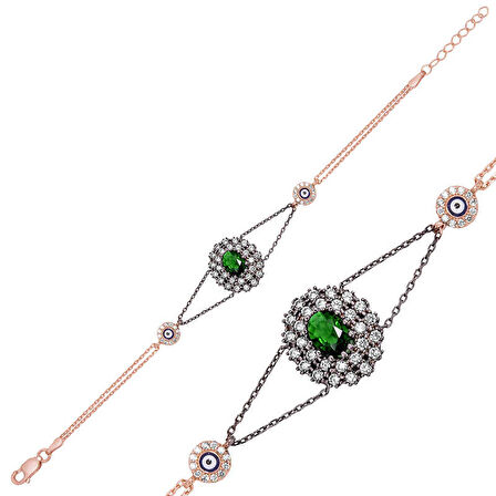 925 Ayar Gümüş Rose Yeşil Taşlı Otantik Bileklik