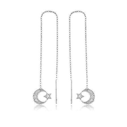 925 Ayar Gümüş Zincirli Ay Yıldız Küpe