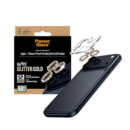 Panzerglass Apple 16 Pro Max Hoops Glitter Simli Gold Kamera Lens Koruyucu (Hizalama Aparatı)