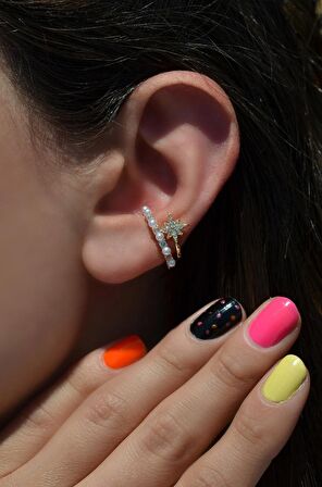 Kutup Yıldızı Detaylı Mini İncili Earcuff Sıkıştırma Kıkırdak Küpesi