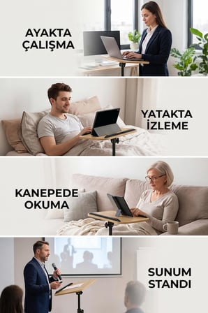 Ayarlanabilir Laptop Sehpası Esnek Tasarım, Yükseklik Ayarlı Çalışma ve Yan Sehpa Masası