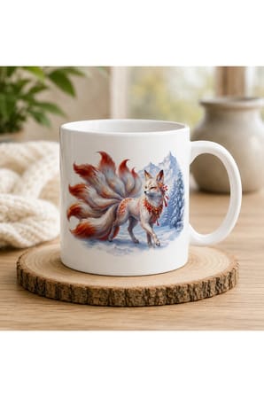 Kitsune Dokuz Kuyruklu Tilki Seramik Kupa 300 ml | Çift Taraflı Baskı | Japon Mitolojisi Temalı Kupa