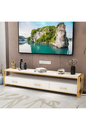 KTV-01 Modern Dikdörtgen TV Sehpası Mermer 3 Çekmeceli Açık Raflı 120cm