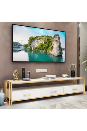 KTV-01 Modern Dikdörtgen TV Sehpası Mermer 3 Çekmeceli Açık Raflı 120cm