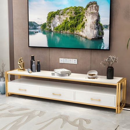 KTV-01 Modern Dikdörtgen TV Sehpası Mermer 3 Çekmeceli Açık Raflı