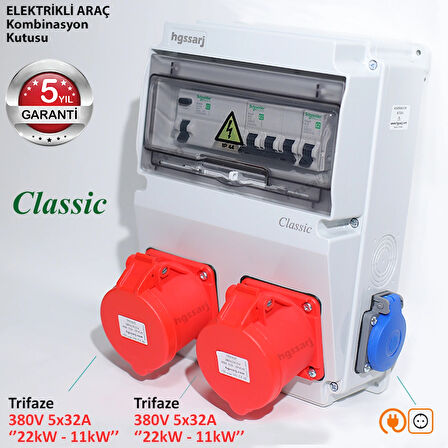 CLASSIC, Trifaze Elektrikli Araç Kombinasyon Kutusu, 5x32A + 5x32A + 1x16A - Schneider Marka Sigorta Grubu - 5 Yıl Garanti