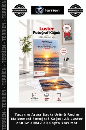 Tasarım Aracı Baskı Ürünü Resim Malzemesi Fotoğraf Kağıdı A3 Luster 260 Gr 30x42 20 Sayfa Yarı Mat