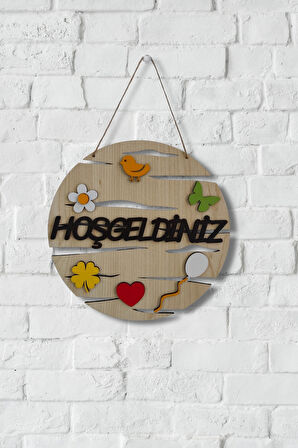 Hoşgeldiniz Yazılı Yuvarlak Mdf Lazer Kesim Kapı ve Duvar Süsü - Akçaağaç Ahşap
