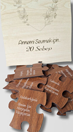 Annemi Sevmek İçin 20 Neden - Lazer Kesim Ahşap Kutulu Puzzle Hediye