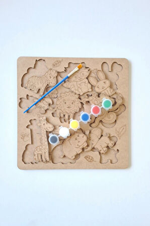 Çocuklar İçin Zeka ve Beceri Geliştiren Safari Ahşap Boyama Puzzle Seti