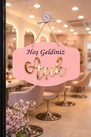 Gold Pleksi Detaylı 3D Ahşap Açık-Kapalı Tabelası - Pembe