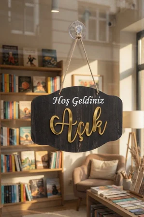 Gold Pleksi Detaylı 3D Ahşap Açık-Kapalı Tabelası - Rebap