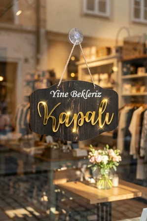Gold Pleksi Detaylı 3D Ahşap Açık-Kapalı Tabelası - Rebap