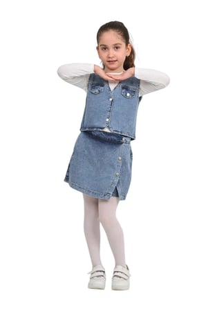 Kız Çocuk Pamuklu Jean Denim Düğmeli Kot yelek