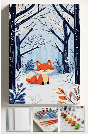 Sayılarla Boyama Çerçeveli Hobi Seti Numaralı Tuval Fırça Boya Kasnaklı KÜÇÜK TİLKİ KARDA 40X50 Cm