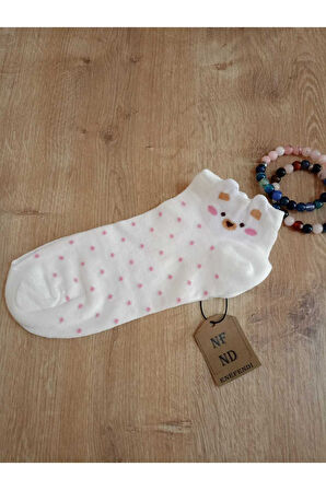 PATİK ÇORAP KULAKLI PAMUKLU DESENLİ KADIN ÇORABI 36-40 PUANTİYELİ, GRİPEMBE VE KREM 3 ÇİFT