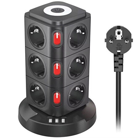 Dikey Tasarım 12 Prizli Akım Korumalı Grup Priz - Anahtarlı ve USB Çıkışlı