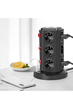 Dikey Tasarım 12 Prizli Akım Korumalı Grup Priz - Anahtarlı ve USB Çıkışlı