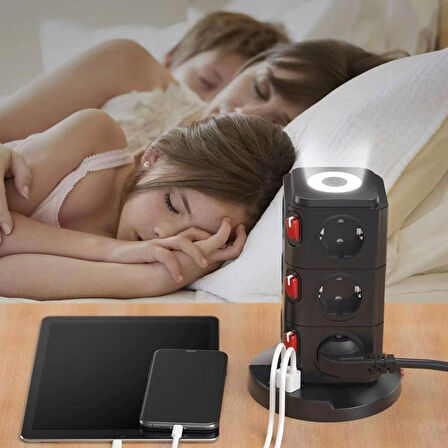 Dikey Tasarım 12 Prizli Akım Korumalı Grup Priz - Anahtarlı ve USB Çıkışlı