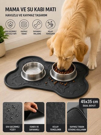 Kedi Köpek Mama ve Su Kabı Altlığı 45X35 cm Kaymaz Mama Matı Yıkanabilir Döküntü Önleyici