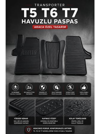 Volkswagen Transporter T5 T6 T7 Havuzlu Oto Paspas 3 Parça Araca Özel Siyah Kaymaz Su Geçirmez