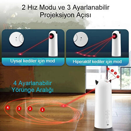 Evcil Hayvan Lazer Oyuncağı Otomatik Dönen, USB/Pilli, 4 Modlu Kedi Köpek Eğlencesi