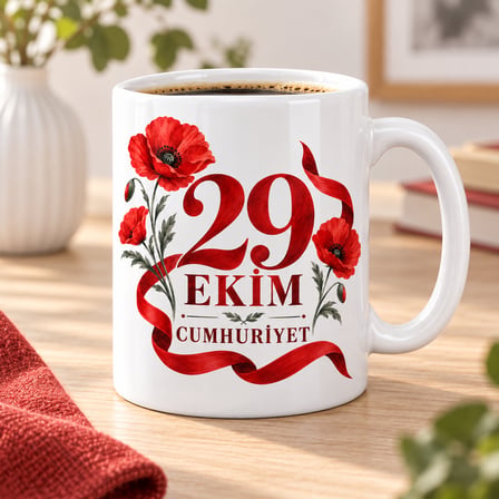 29 Ekim Cumhuriyet Gelincik Çiçekli Porselen Kupa - Kırmızı Beyaz Tasarım - MODEL 260