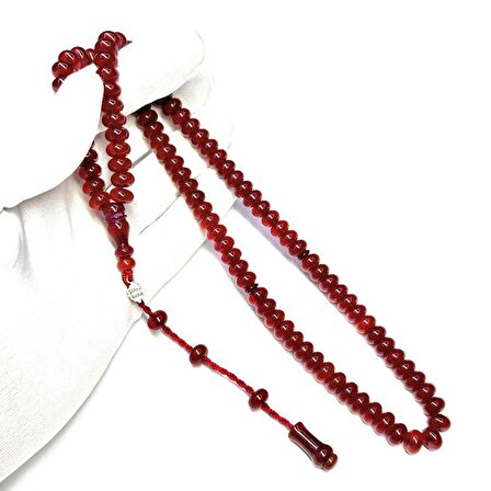 Teker Model Sistemli 9-5,5mm 99 Habbe Şükrü Baba Usta İmzalı Çubuk Malzeme Kırmızı Renk Sıkma Ateş Kehribar Tesbih