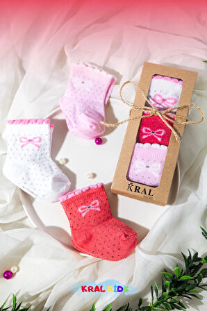 Kız Bebek Çorap Seti 6 Çift – Kurdele Desenli – Kutulu – Pamuk – Patik Boy