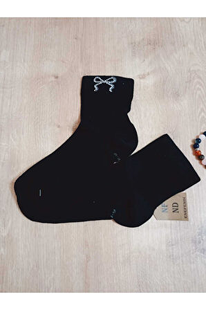 Taşlı Çorap Kurdela Desenli Kokulu Likralı Kısakonç Dikişsiz Pamuklu Kadın Siyah Çorabı 36-40 2 Çift