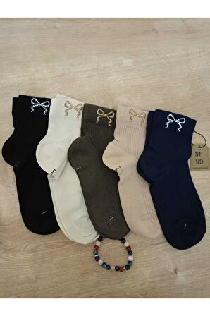 KOKULU  LİKRALI KISAKONÇ KURDELE TAŞLI ÇORAP DİKİŞSİZ PAMUKLU LACİVERT KADIN ÇORABI 36-40