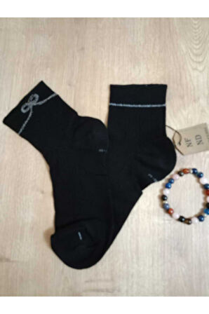 2 ÇİFT KURDELE TAŞLI  PAMUKLU BURUN DİKİŞSİZ LİKRALI KOKULU KISA KONÇ ÇORAP SİYAH KADIN ÇORABI 36-40