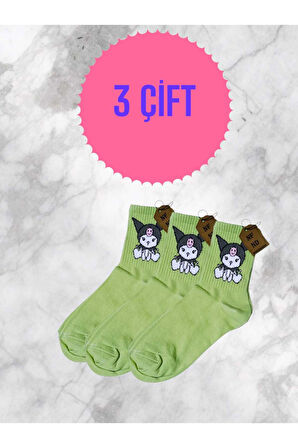 3 ÇİFT KUROMİ SANRİO ÇORAP YUMUŞAK KISA KONÇ DESENLİ 36-40 YEŞİL RENK