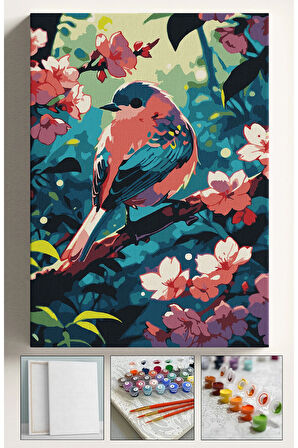 Sayılarla Boyama Çerçeveli Hobi Seti Numaralı Tuval Fırça Boya Dahil Kasnaklı PEMBE KUŞ 40X50 Cm