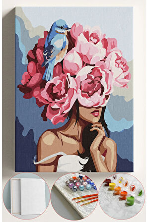 Sayılarla Boyama Seti Numaralı Tuval Fırça Boya 40x50 Cm - KUŞ VE ÇİÇEK KADIN