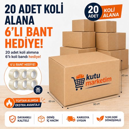 Kutu Marketim 90X60X60 Çift Oluklu Koli 20 Adet - Taşınma Kolisi - Ihracat Kolisi - Ağır Yük Taşıma Kolisi - Kutumarketim