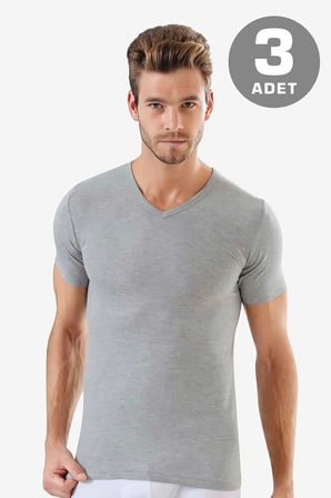Premium Spor Yazlık Esnek Erkek V Yaka Kısa Kollu Fanila Gri %100 Pamuk Penye 3'lü Set