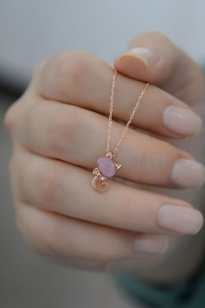 925 Ayar Rose Kaplama Ay Taşlı Gümüş Kedi Kolye Kedi