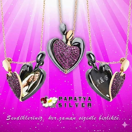 925 Ayar Zirkon Taşlı Kişiye Özel Kalp Kolye.rose.gold.rodaj