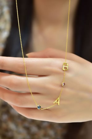 925 Ayar Gümüş Gold Kaplama Doğum Taşlı Zirkon Taşlı Harfli Kolye