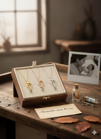 925 Ayar Gümüş Gold Kaplama Doğum Taşlı Anne Çocuk Anne Bebek Ayak İzi Kolye