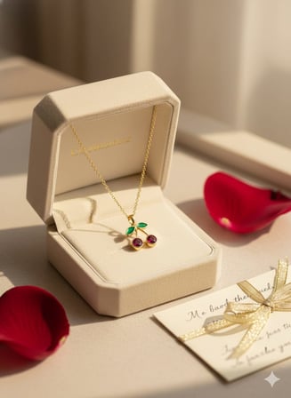 925 Ayar Gümüş Gold Kaplama Özel Tasarım Kırmızı Kiraz Kolye