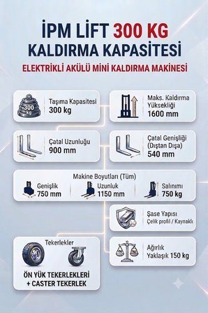 Elektrikli Akülü Mini İstifleme - Kaldırma Makinesi 300 kg Kapasiteli