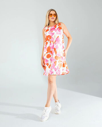 Çiçek Desen Saten Elbise