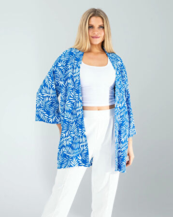 Çiçek Desen Mavi Kimono
