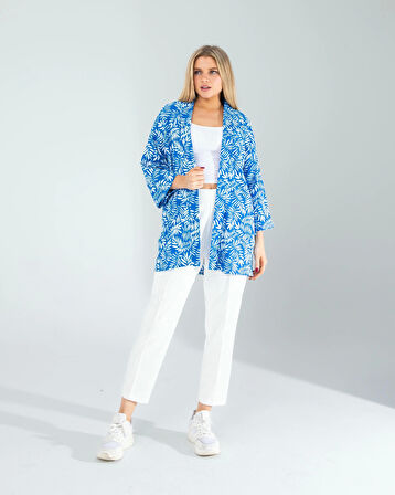 Çiçek Desen Mavi Kimono