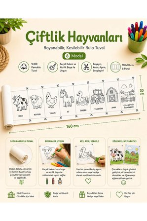 Boyanabilir Kesilebilir Rulo Tuval Çiftlik Hayvanları 8 Model Çocuk Boyama Seti 160x30 cm