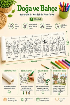 Boyanabilir Kesilebilir Rulo Tuval Doğa ve Bahçe 8 Model Eğitici Boyama Seti 160x30 cm