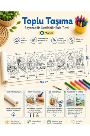 Boyanabilir Kesilebilir Rulo Tuval Toplu Taşıma 8 Model Çocuk Boyama Seti 160x30 cm