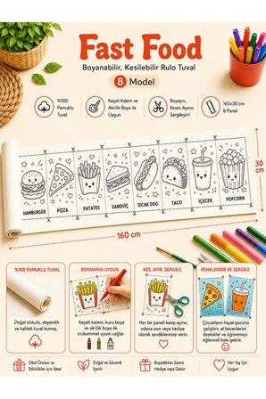 Boyanabilir Kesilebilir Rulo Tuval Fast Food 8 Model Çocuk Etkinlik Seti 160x30 cm